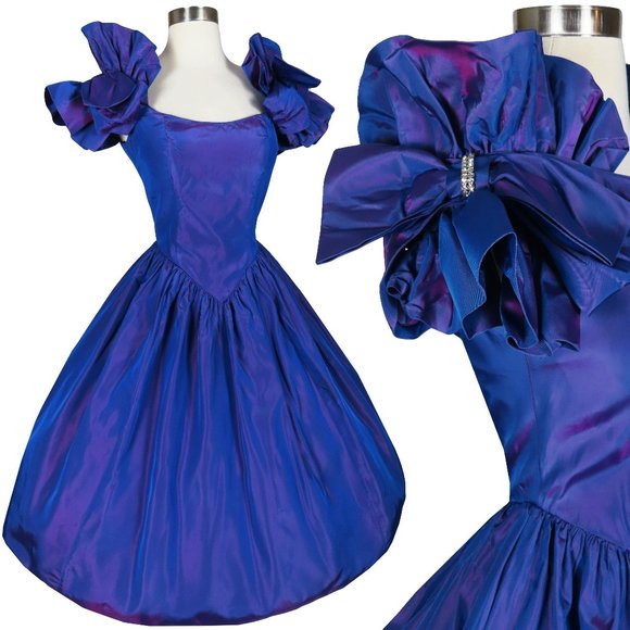 Vintage 80s Purple Blue Taffeta Full Skirt Prom Cocktail Party Dress Zum Zum XS